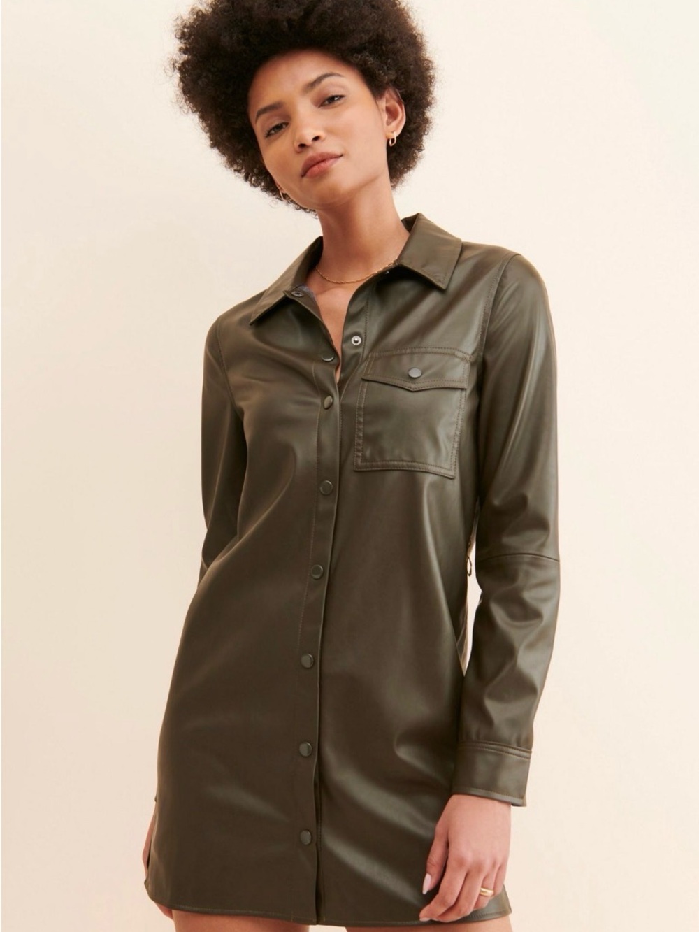 Sanctuary Olive Green Faux Leather Button-Down Shirt